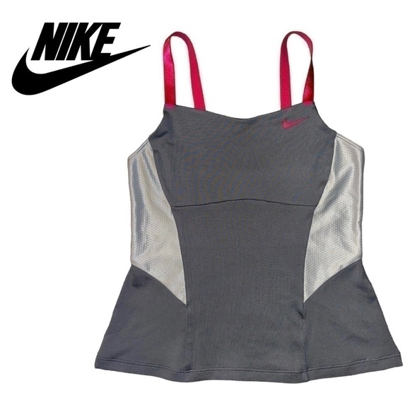 NIKE Dri-Fit Gray Tank Top Performance Pink Strap Shirt Run Swoosh Girl M 10 12 - Picture 1 of 12